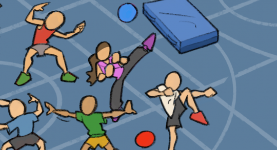 Comic: Schüler beim Bewegen in der Turnhalle.