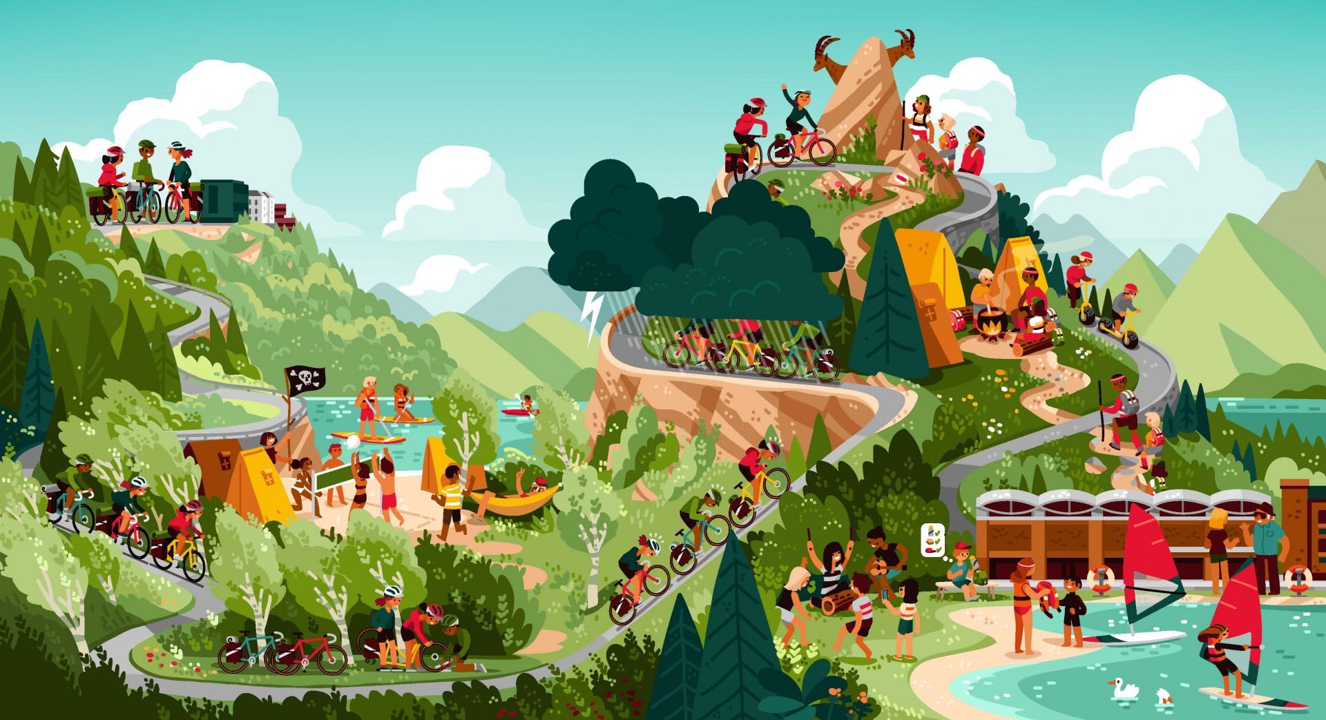 Dessin représentant différentes activités propres à un camp de sport scolaire