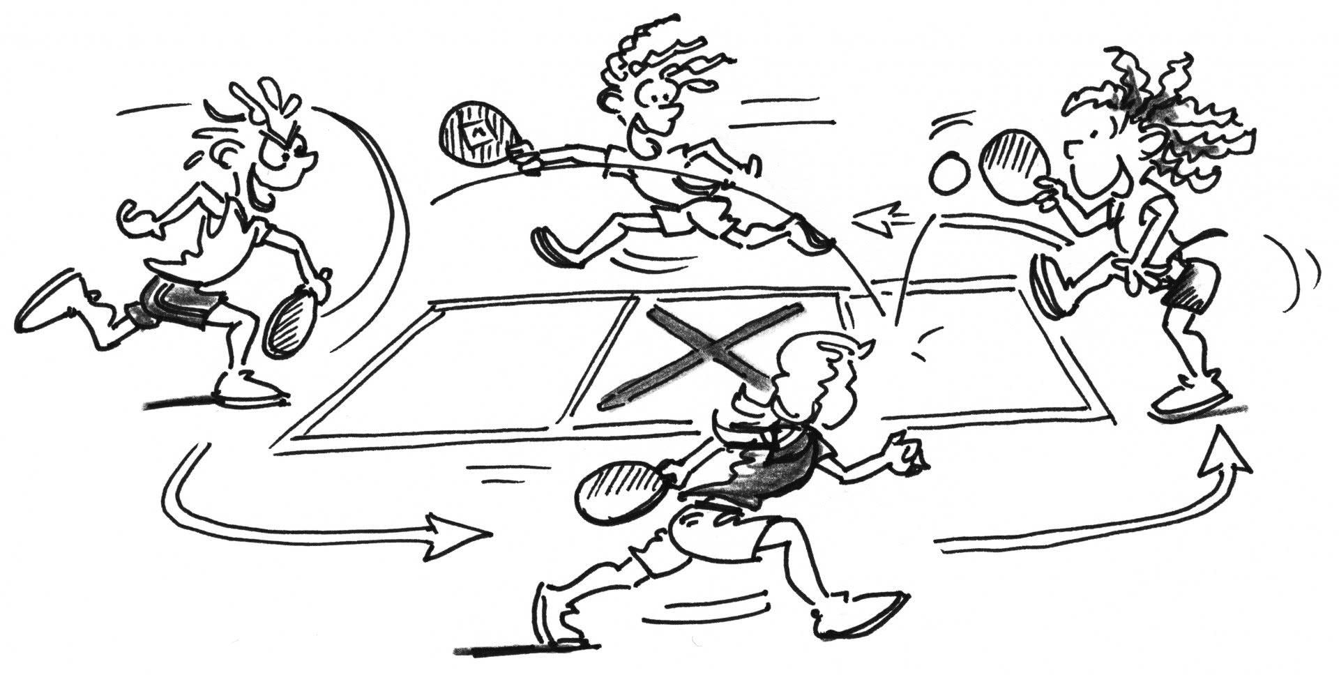 Comic: Vier Figuren spielen Streetball im Kreis um ein Feld herum.