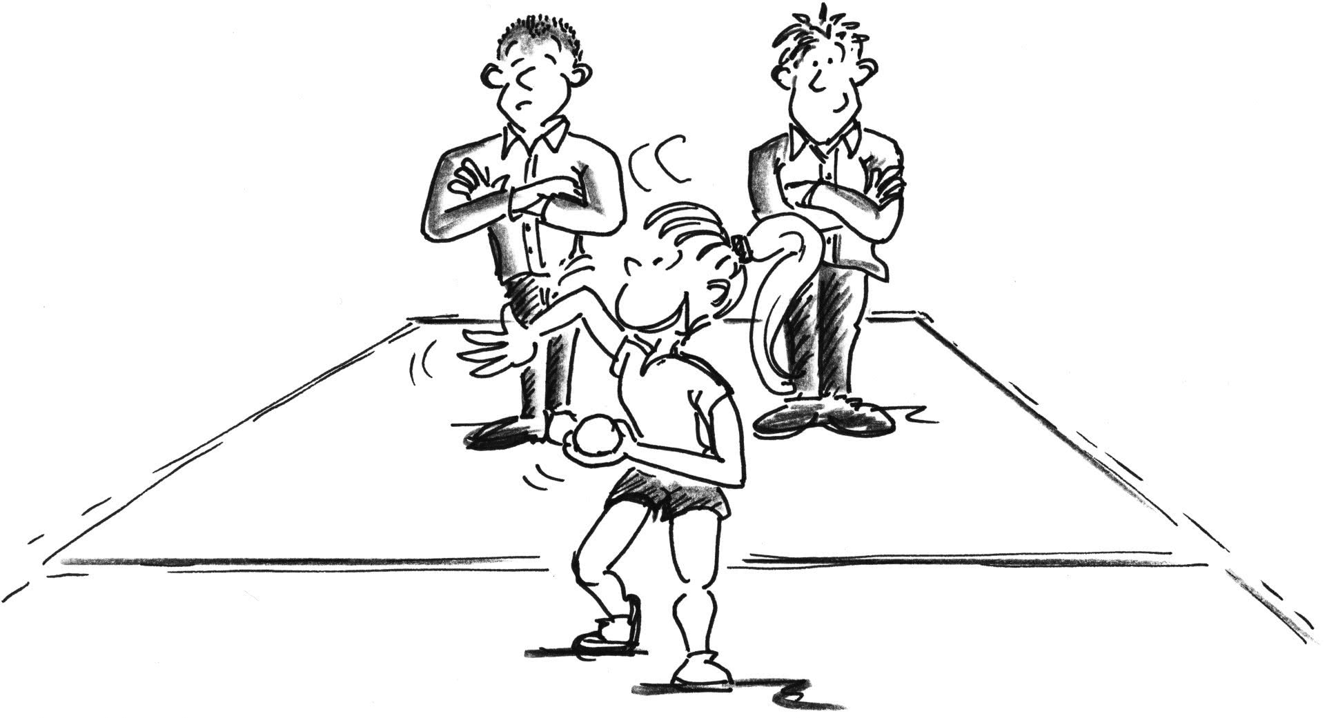 Comic: Eine Person spielt einen Ball in der Hand, zwei schauen zu.