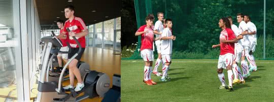 Foto: Athlet auf Ergometer, Fussballer beim Aàuslaufen.