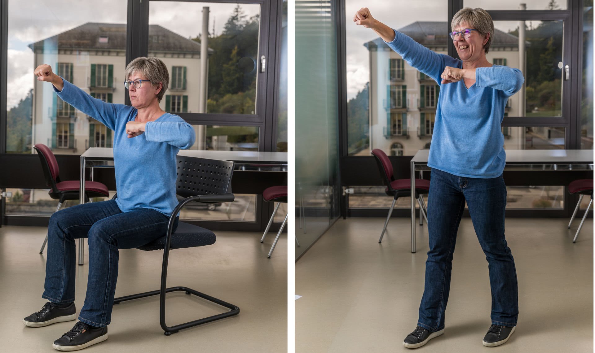 Une dame effectue un exercice de renforcement musculaire sur son lieu de travail.