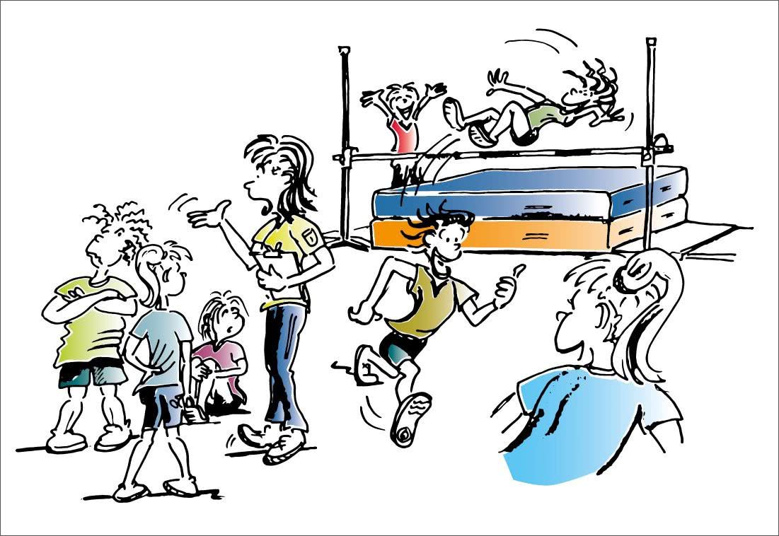 Dessin: une classe de filles fait du saut en hauteur.