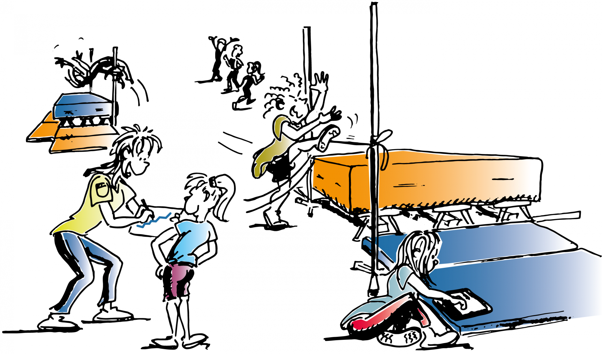 Dessin: trois jeunes filles font du saut en hauteur dans des conditions facilitées.