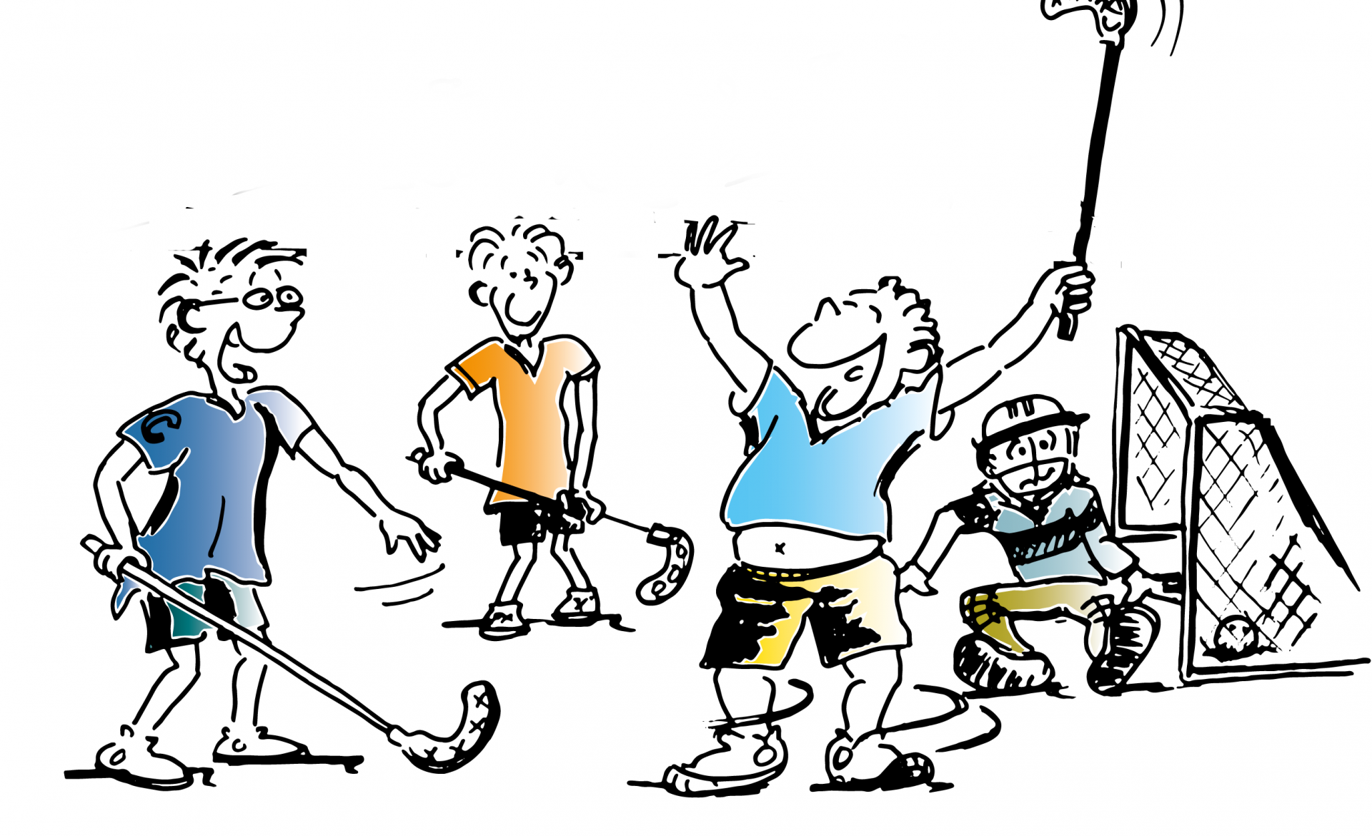 Dessin: des enfants jouent à l'unihockey; l'un d'entre eux, en surpoids, marque un but et jubile.