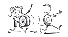 Fumetto: due bambini avanzano uno dietro l'altro, uno suona un tamburo appeso alle spalle e l'altro cammina al ritmo.