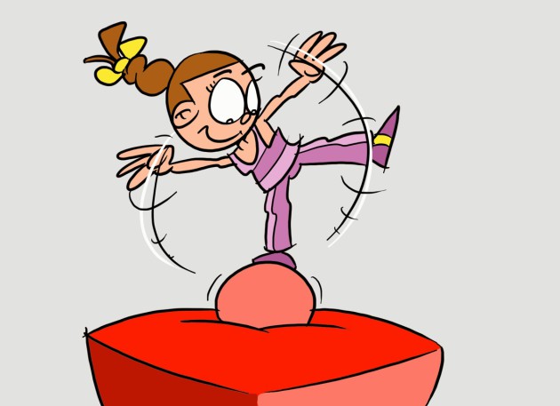 Comic: Ein Mädchen steht einbeinig auf einem Ball, der wiederum auf einer weichen Matte platziert ist, und versucht ihr Gleichgewicht zu halten.