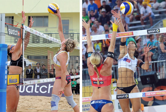 Beachvolleyballerinnen beim Poke shot und beim Cut Shot