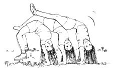 Dessin: Trois filles effectuent une acrobatie.