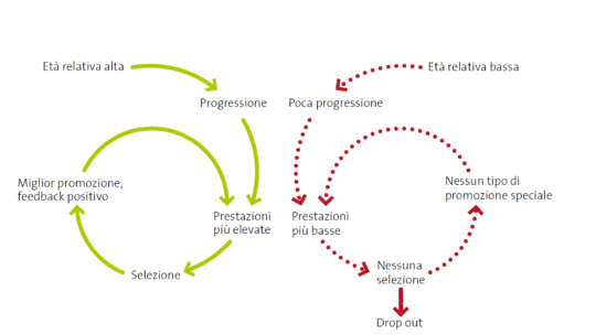 Schema: Circolo vizioso nello sviluppo e nella selezione dei talenti di giocatori dallo sviluppo precoce (spirale verde) e tardivo (spirale rossa).