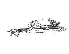 Comic: Ein Schwimmer übt Brustschwimmen mit einem Schwimmbrett auf dem ein Frosch sitzt und den Takt vorgibt.