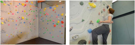 Arrampicata a scuola: La parete d'arrampicata ideale Foto 1: parete da bouldering con numerose prese - Foto 2:prese jug con apertura verso il basso che esige una presa inversa